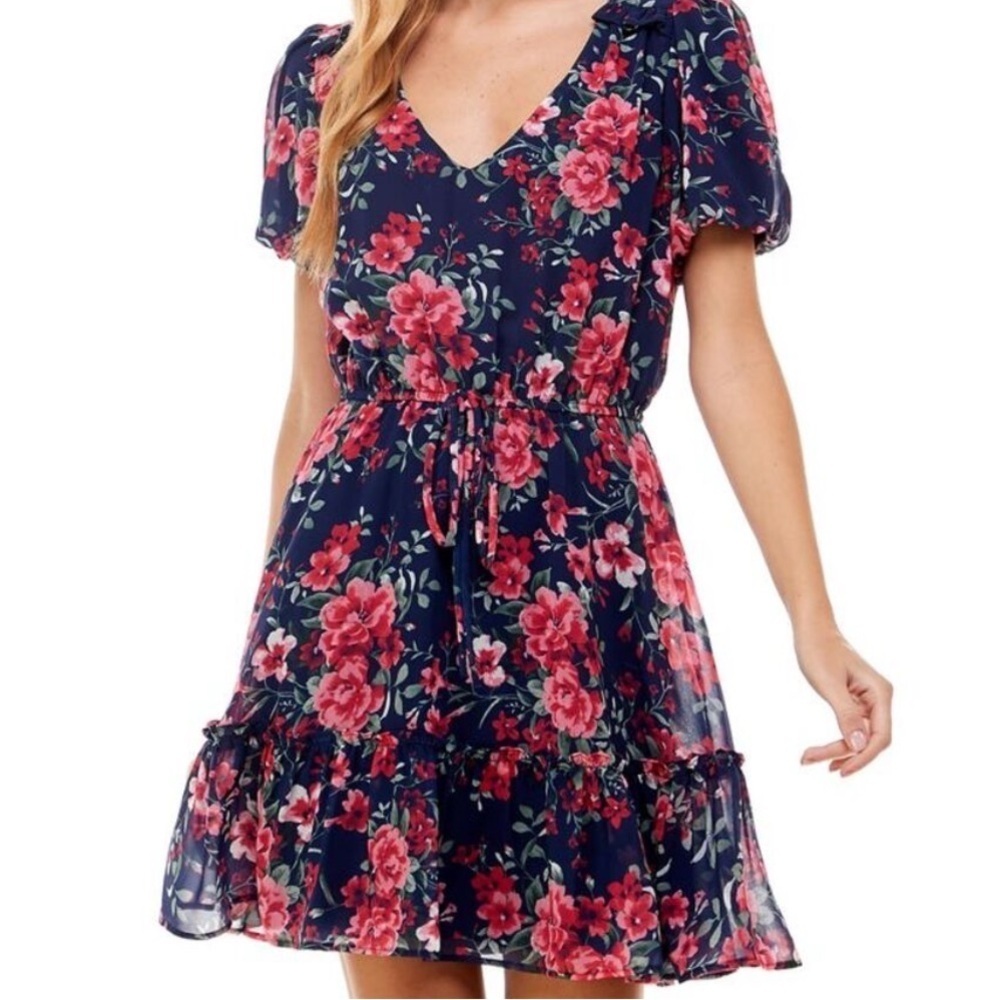 Crystal Doll Juniors Floral Print Fit and Flare Navy Dress XS